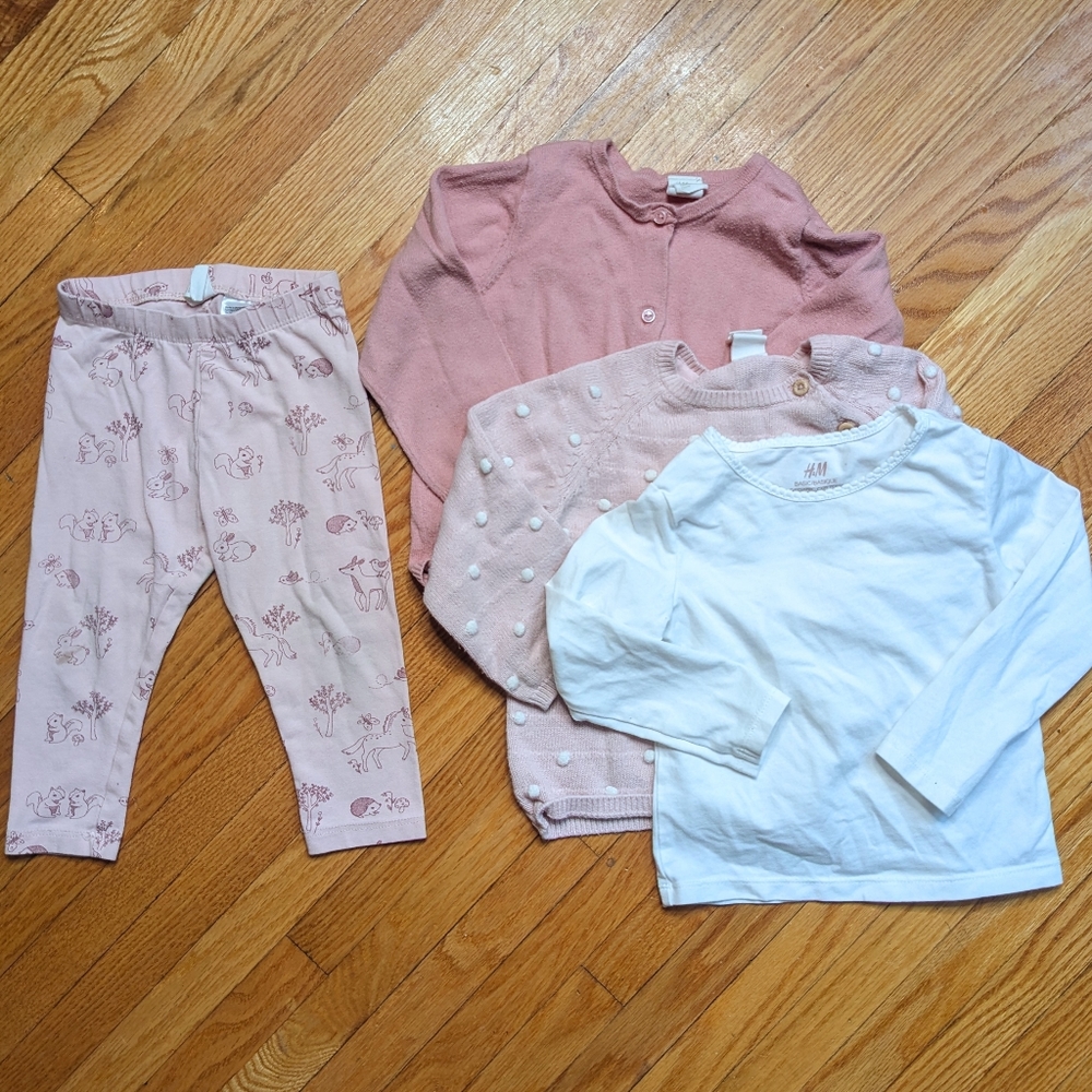 H&M Lot Girls 12 mo.+Pants Shirt Cardigan Pink white long sleeve set